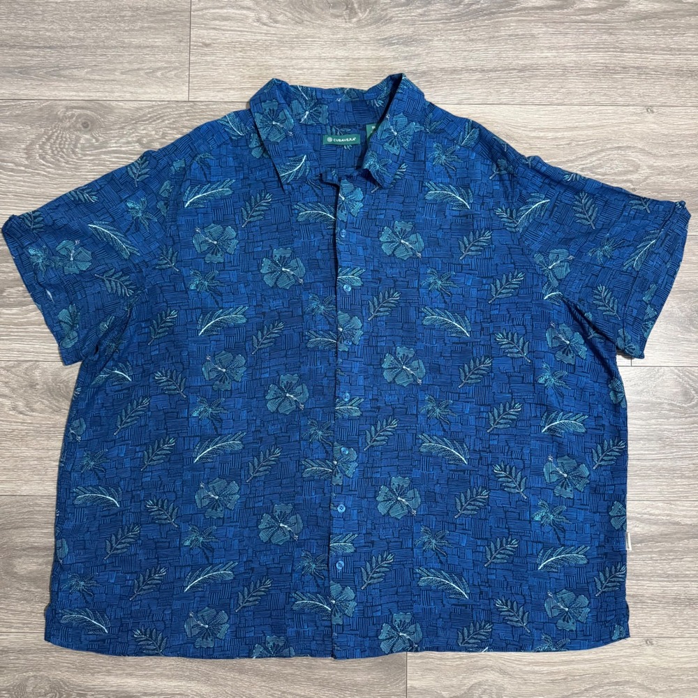 Cubavera Hawaiian Men 3X Blue Tropical Hibiscus Palm Leaf Button Down Camp Shirt